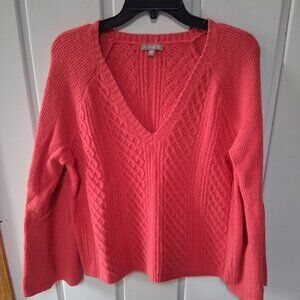 Lilla P V Neck Cable Knit Cotton Blend Sweater Sz L